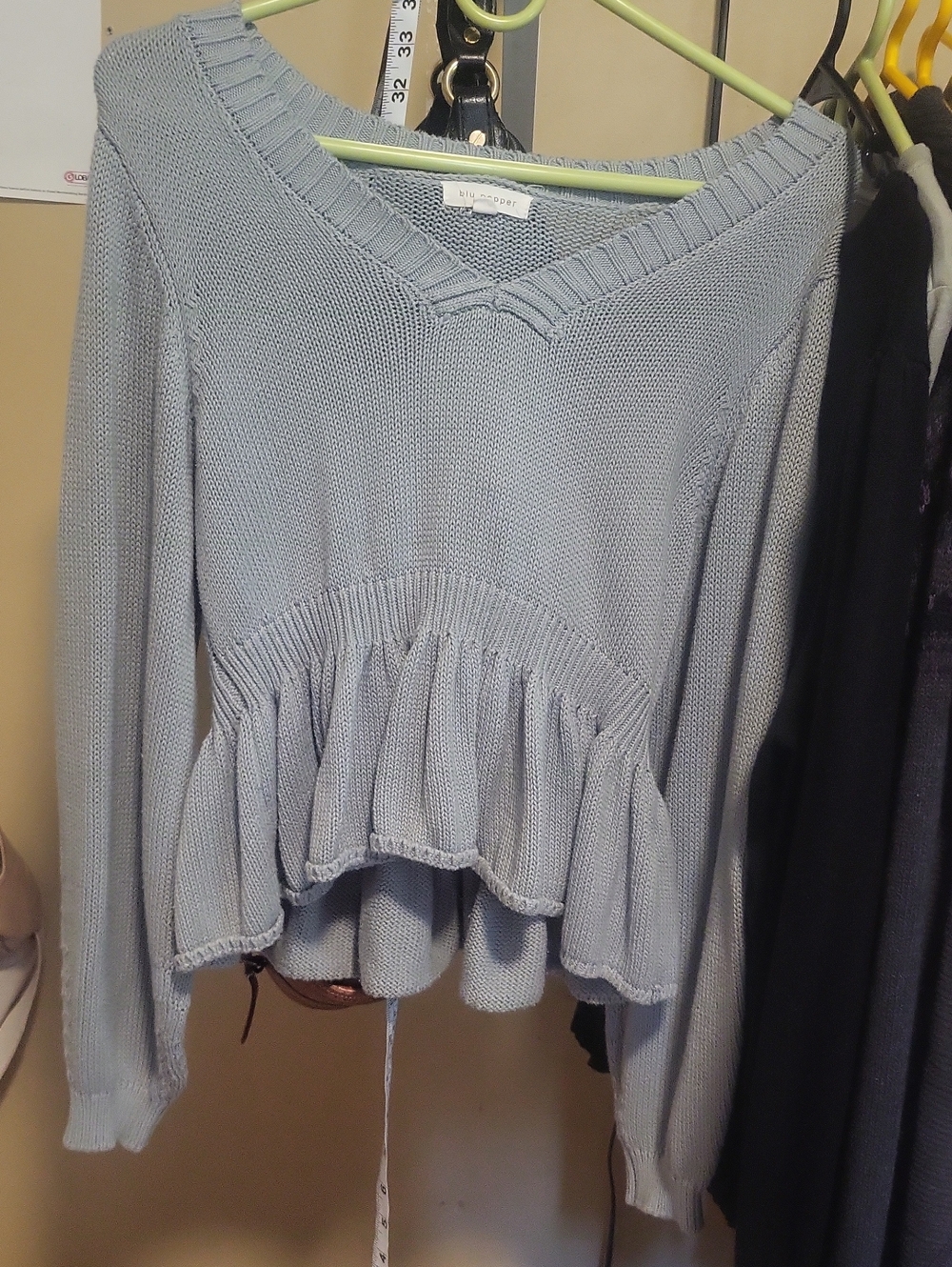 Blu Pepper Light Blue V-Neck Ruffle Hem Sweater
